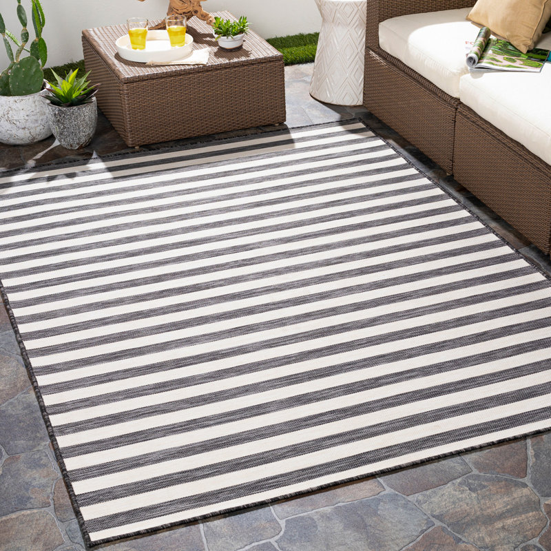 Gemma Indoor & Outdoor Boho Striped Rug Black/Ivory, Rectangle 80 x 150cm