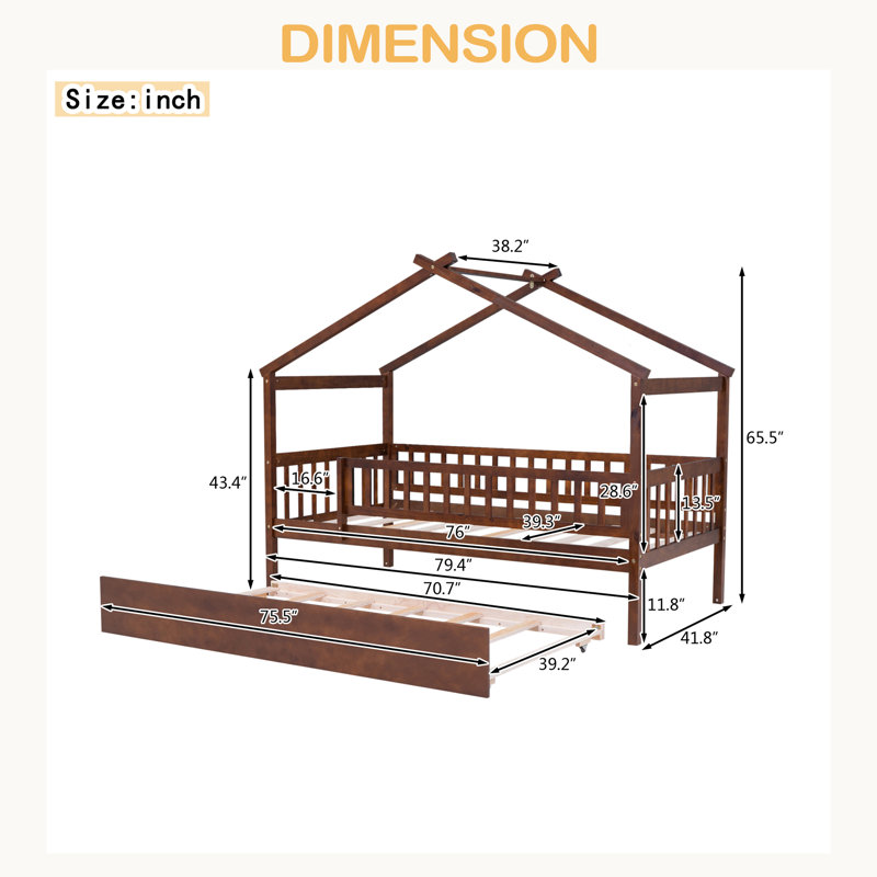 Lit en bois avec lit gigogne simple, Lit simple, Noyer