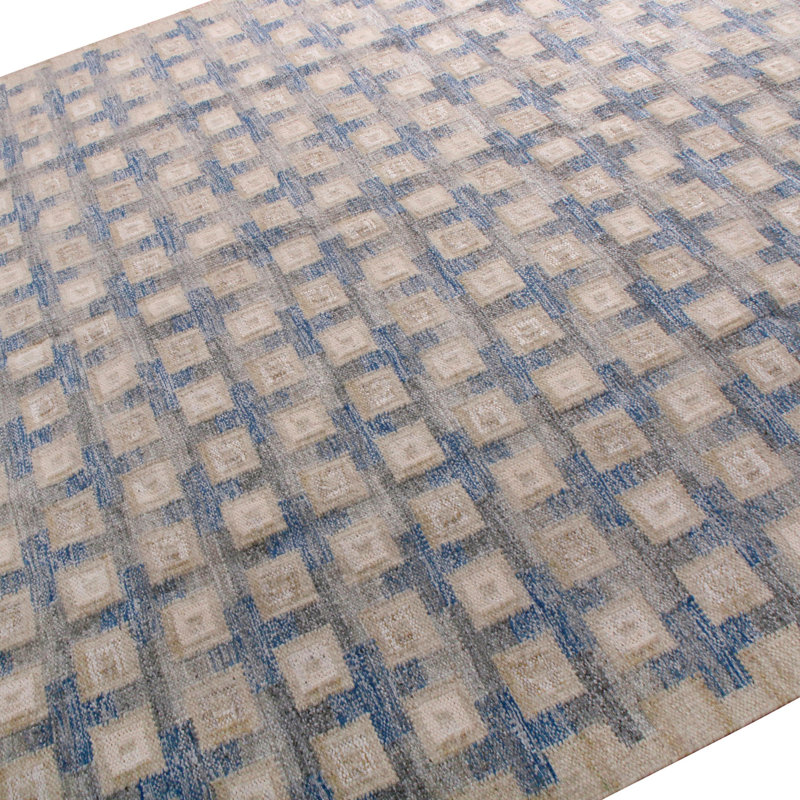 Rug & Kilim’S Scandinavian Rug In Gray And Blue Geometric Pattern, Rectangle 14' x 20'
