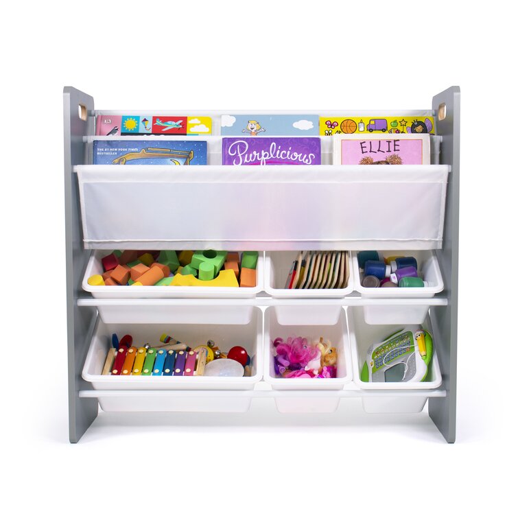 Zoomie Kids Inspire Kids Read N’ Play 6 Bin Toy Organizer and 2 Tier Bookrack, Grey/White Zoomie Kids