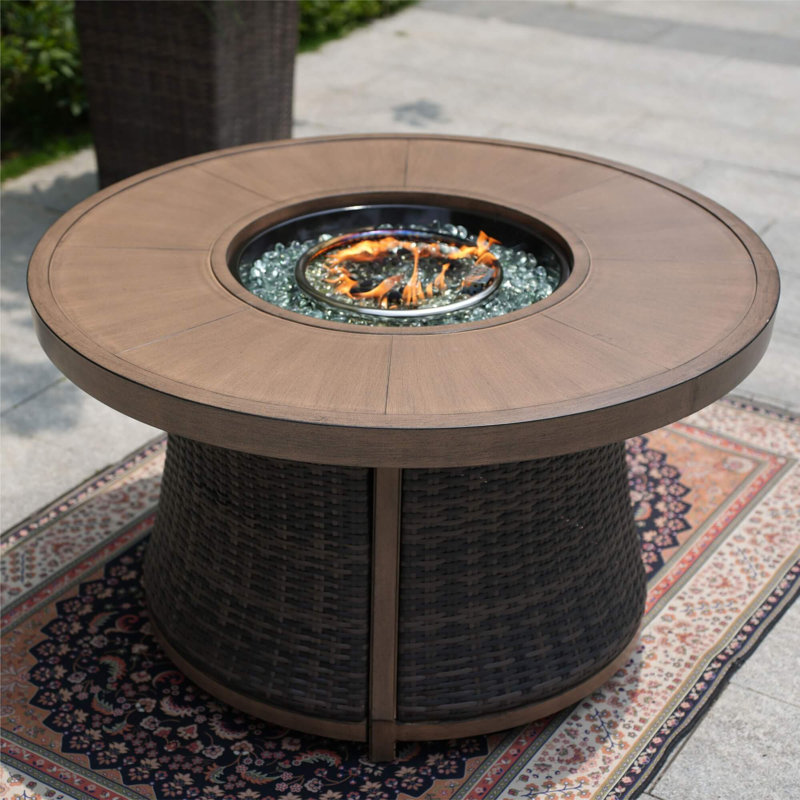 Table de foyer d'extérieur ronde au gaz 42 po - Base en aluminium et base en rotin