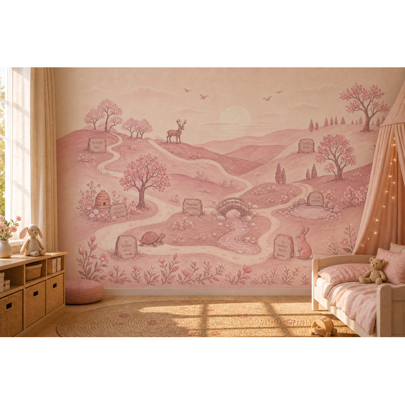 Papier peint paysage de contes amovibles rose pastel, Texturé non collé, 100"x96"
