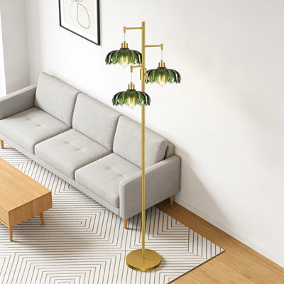 Lampe sur pied moderne à intensité variable avec trois abat-jour en verre - Lampe sur pied à DEL de style Mid-Century rétro pour le salon, la chambre à coucher et le coin