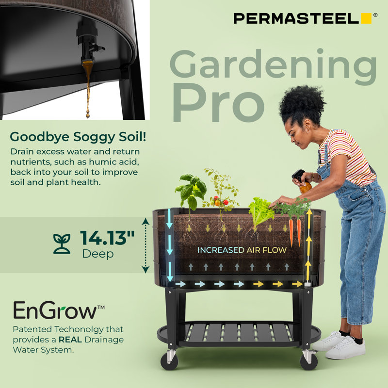 Permasteel Raised Garden Bed With Legs, 40×20×37 In, Planter Box With Engrow Truesoil Technology For Vegetables, Flowers, Herbs, And Fruit, Outdoor Indoor, Storage Shelf, Black