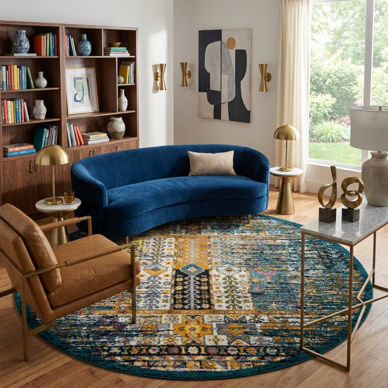Tapis Kristen Naplate, Teal, Rond 7 pi 10 po