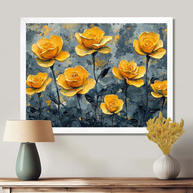 «Yellow Love Blossom Of Roses Field I - Roses», art mural, Reproduction encadrée d'une seule photo, H 16 po x l 32 po, Blanc