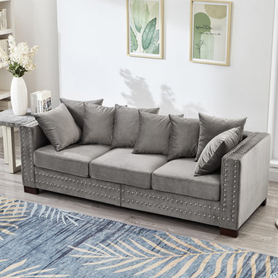 Velours gris à 3 places de style moderne, carré avec clous argentés, structure en bois massif, coussin à ressorts, housse amovible, espace de rangement avec accoudoirs et clous décoratifs, dessous confortable