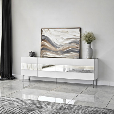 Modern White TV Stand with Silver Accents, 71.0 x 23.2 x 13.8 inches | 100% Melamine Coated Particle Board, Thickness: 0.7 inches | Sleek Design, Perfect for Living Rooms & Entertainment Spaces, Stylish & Functional
