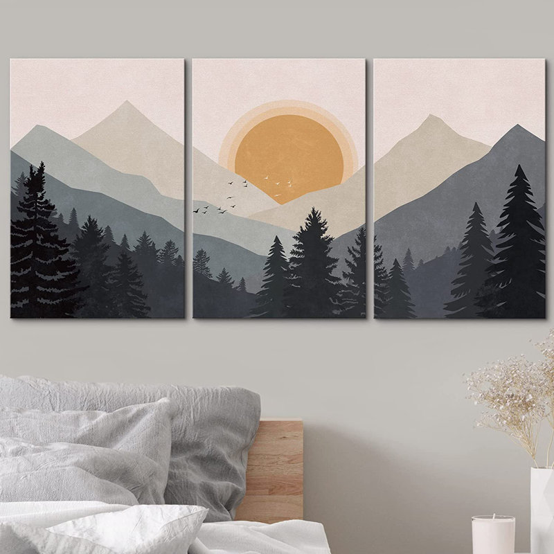 «Pastel Mountain Lake Reflection Abstract Nature», ensemble de 3 impressions, H 36 po x l 72 po, Toile tendue, Sans cadre