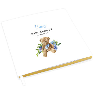 Livre d'or personnalisé pour fête de naissance avec accents dorés, ours en peluche avec nœud bleu personnalisé, livre d'invités blanc dans le registre 120 pages 8,5 x 8,5 souvenirs pour bricolage, album, album photo