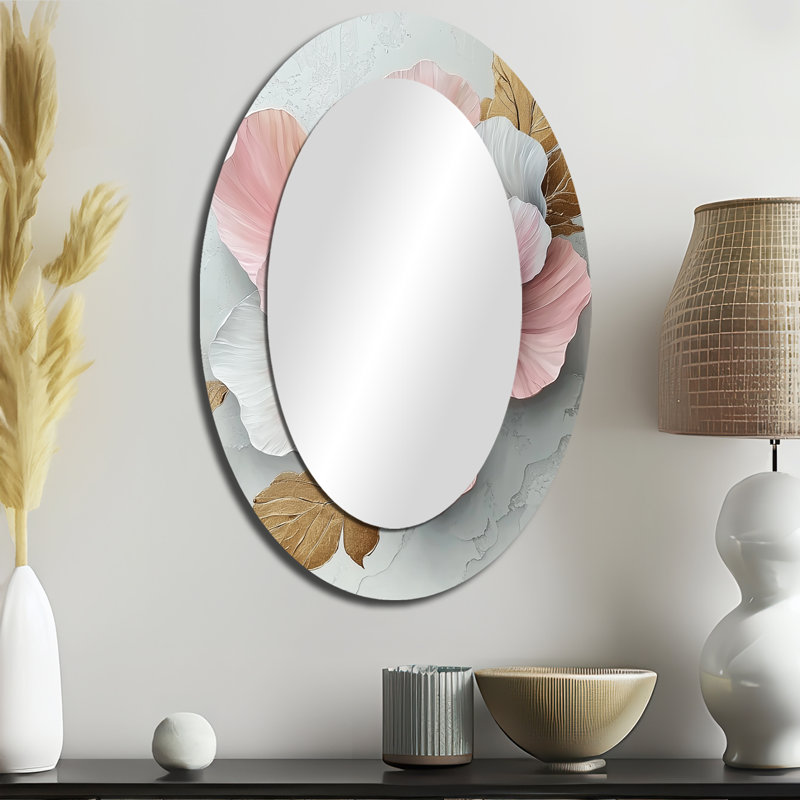 Blanc et rose pivoines élégantes II - grand miroir mural ovale sur métal, 36 po x 24 po