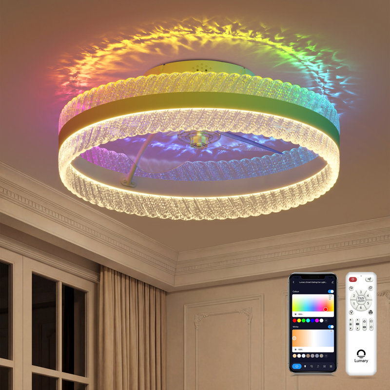 Lumary 20" Smart Ceiling Fans with Lights, RGBAI Rainbow Flow Lighting with Feather Projection, Flush Mount/Downrod for Low Profile or High Ceilings, Modern Bladeless Fan Light for Bedroom