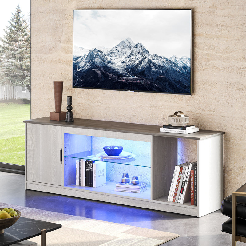 Media Console, LED TV Stand for 65 Inch TV, Gaming Entertainment Center with Glass Shelf, White Wash