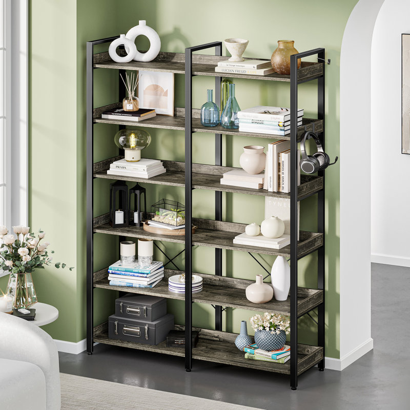Bookshelf 6 Tier with 4 Hooks and fence, etagere bookcase with Open Shelves, Black/Grey