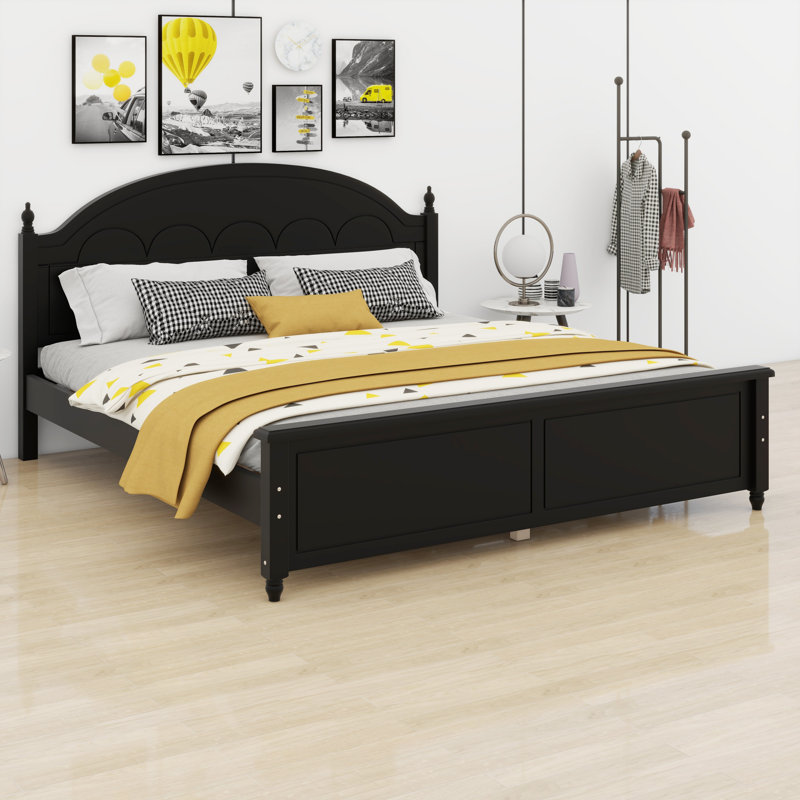 Structure de lit en bois durable avec tête de lit arquée incurvée à l'allure classique, Noir, Grand lit
