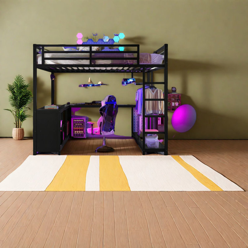 Grand lit mezzanine en métal avec rangement et bureau, style moderne pour la maison