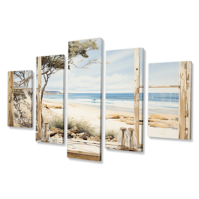 «Beachside Cottage Charm I - Coastal Windows Multipanel», ensemble d'art mural