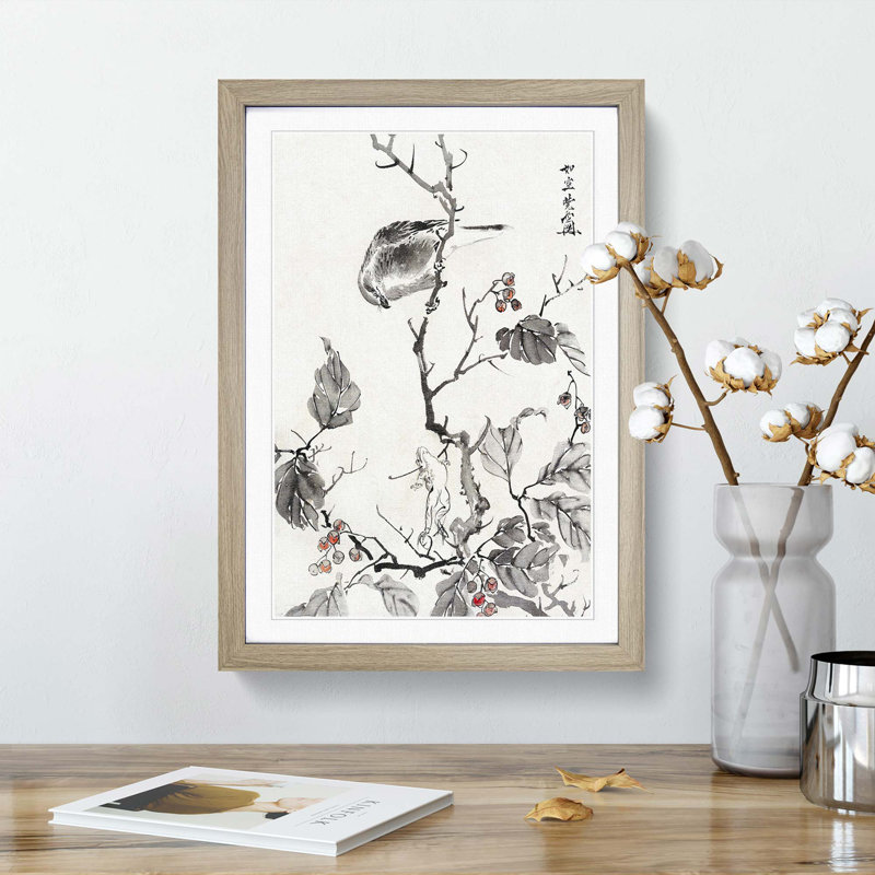 Bird and a Frog by Kawanabe Kyosai - Framed Print, 63cm H x 45cm W x 2cm D, Oak Framed
