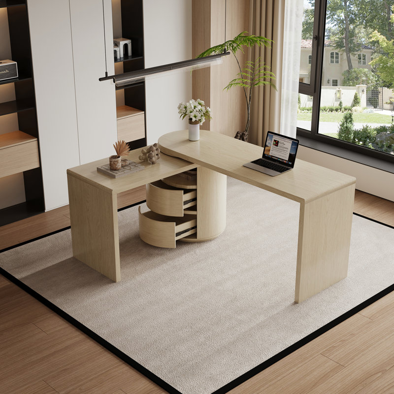 Bureau pivotant 360 ° avec 2 tiroirs et tablette ouverte, Blanchir