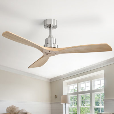 Sofucor Kemp 52" 3-Solid Wood Blade Classic Ceiling Fan with Remote Control and No Lights, Nickel&Beige