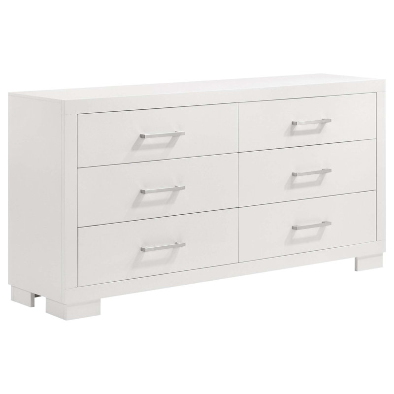 Commode à 6 tiroirs blanche neige avec rangement spacieux et design élégant, parfaite pour les chambres à coucher modernes et transitionnelles