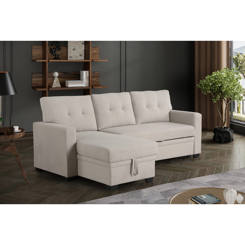 Canapé modulaire convertible rembourré avec méridienne coulissante, Lin beige