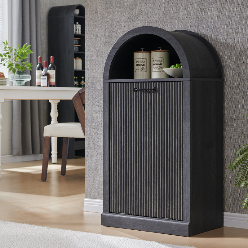 Modern Tilt Out Arched Trash Can Cabinet,Fluted 10 Gallon Dog Proof Trash Can Cabinet with Open Storage Shelf,with Storage Basket for Kitchen