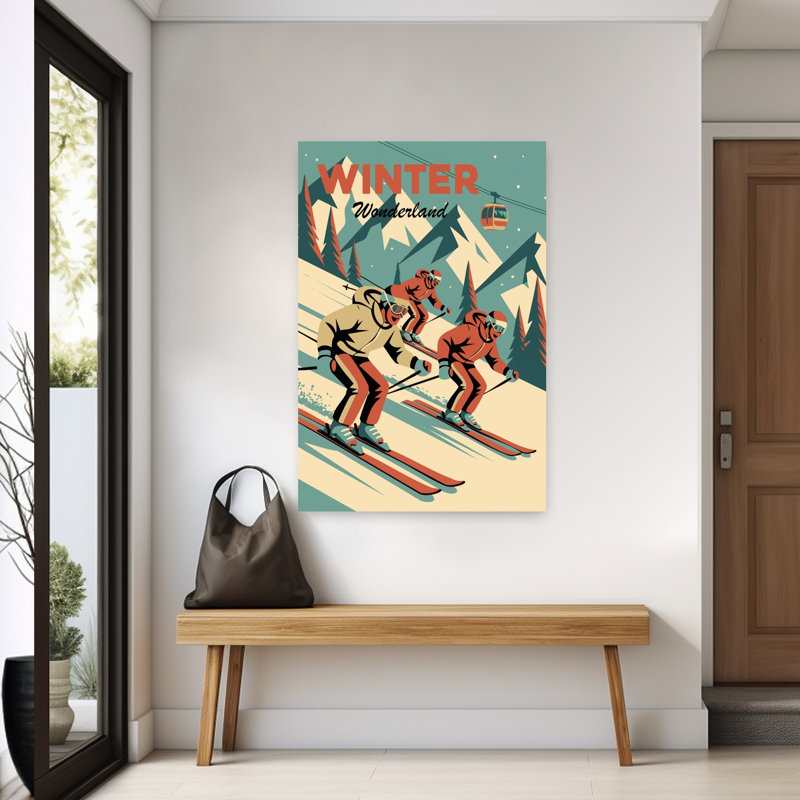 «Winter Wonderland Skiers», rétro, rétro, pin, paysage, montagne, art mural, H 60 po x l 40 po