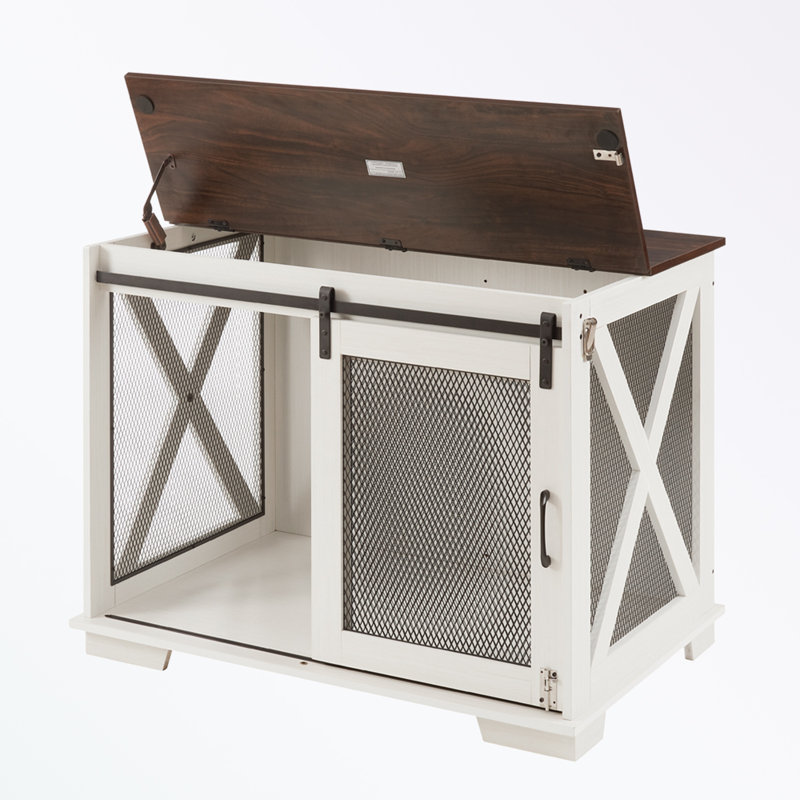 Cage pour chien avec porte de grange coulissante et plaque rabattable