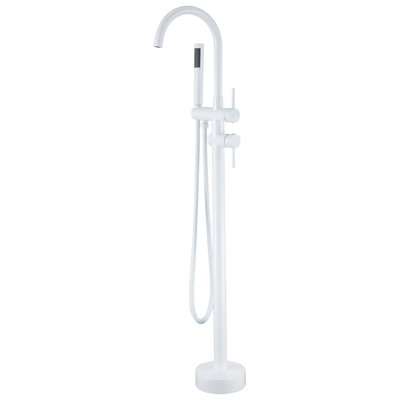 Robinet de baignoire autoportant à deux poignées 45-1 / 2 po avec douche à main et bec rotatif
