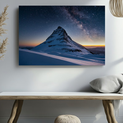 Canvas A Breathtaking Winter Landscape Featuring A Majestic Snow Covered Mountain Wall Art Peak Under A Starlit Sky With The Milky Way Canvas Wall Art