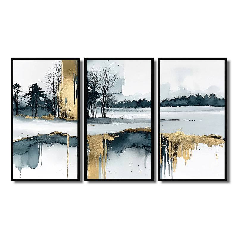 Ensemble de salon Black Winters Hush Landscape I - Winter Landscape Wall Art, Toile avec cadre flottant noir