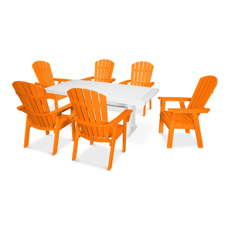 POLYWOOD Nautical Adirondack 9-Piece Trestle Dining Set, Tangerine/White, 9 Pieces: Table, 8 Chairs