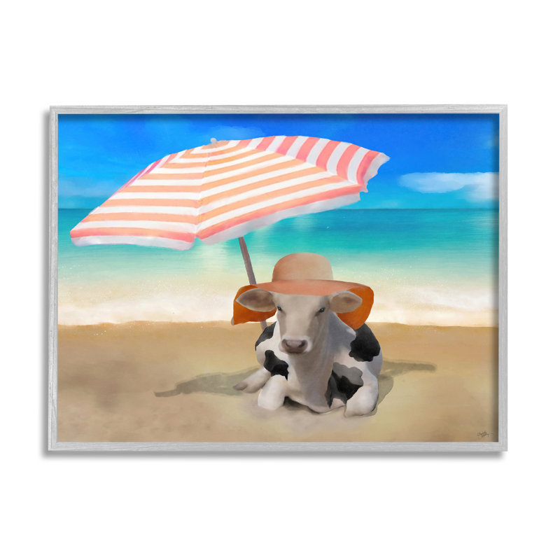 «Lounging Cow Summer Beach Shore», impression, H 11 po x l 14 po x P 1,5 po, Estampe numérique Farmhouse