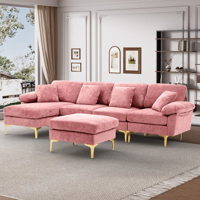 114" U Shaped Snow Fleece Sectional Sofa With Gold Hardware Legs