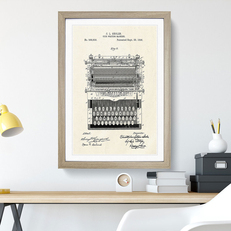 Typewriter Patent - Picture Frame Graphic Art, Oak, 65cm H x 48cm W x 2cm D