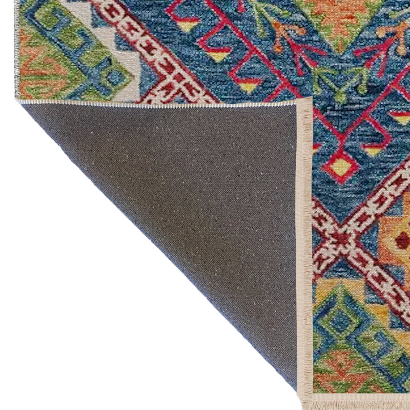 Tapis décoratif multicolore à motif géométrique et à franges, Tapis de couloir 3 pi 3,37 po x 6 pi 6,74 po