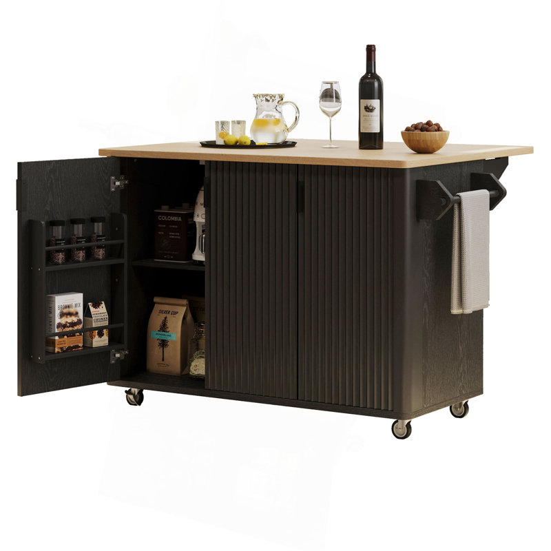 51" Fluted Kitchen Island With Drop Leaf, Farmhouse Accent Kitchen Island On Wheels With Internal Storage Rack, Rolling Kitchen Cart With Towel Rack For Kitchen, Dining Room