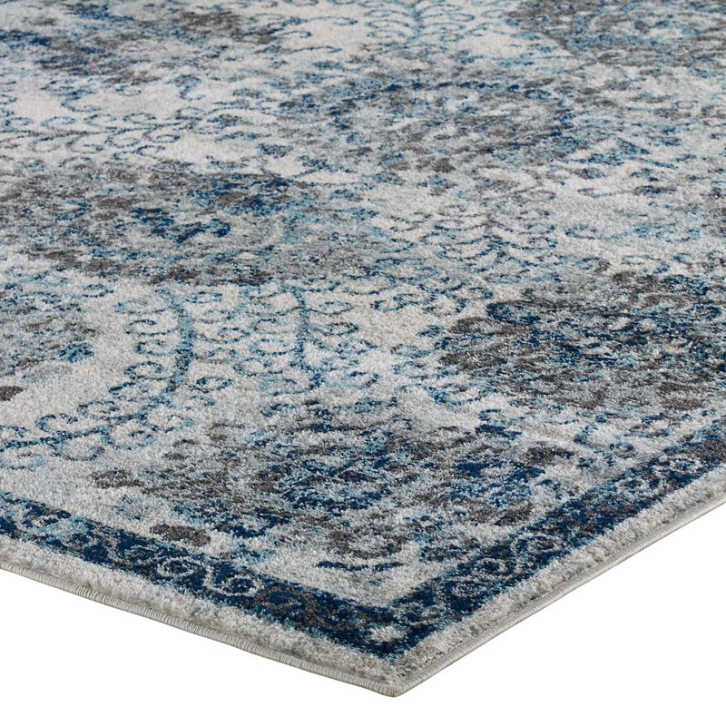 Ivory and Blue Floral Synthetic Rectangular 8' x 10' Area Rug