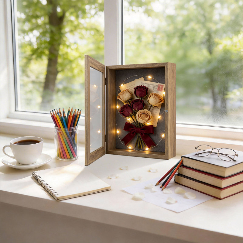Shadow Box Frame, Tabletop & Wall Mount Storage Display, Light Brown, 8.5" x 11"