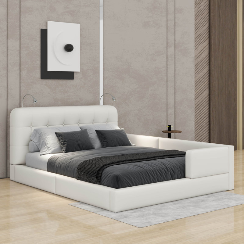 Grand lit plateforme tapissier avec 2 lumières, Blanc