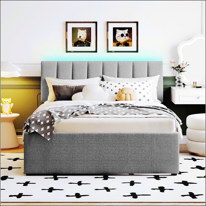 Lit plateforme tapissier avec lit gigogne double Teddy