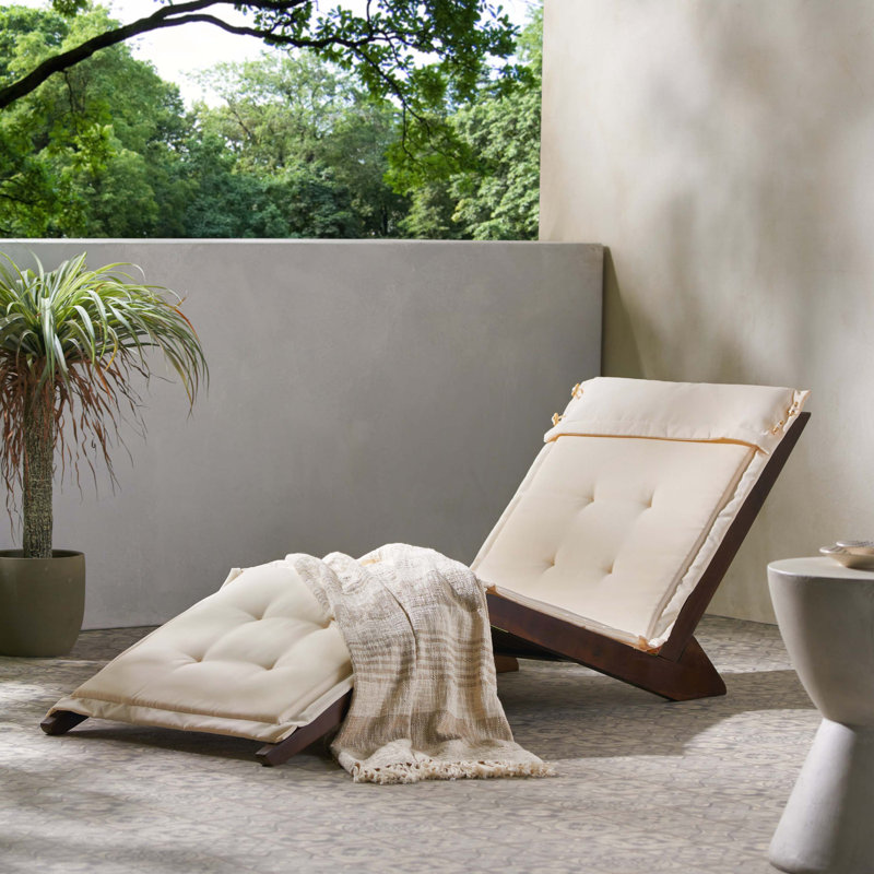 Antonetta Outdoor Acacia Wood Chaise Lounge , Cushion Included, Ivory