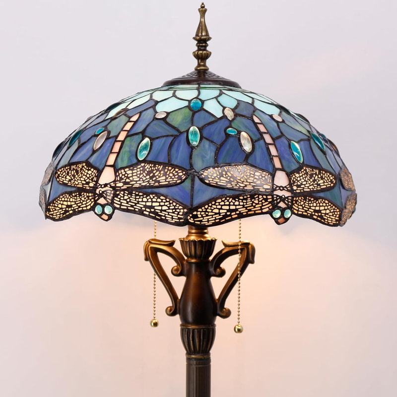 Tiffany Style Floor Lamp With Blue Dragonfly Stained Glass Shade, Antique Bronze Finish, Adjustable Height For Reading And Decorative Lighting