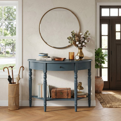 Console demi-lune marine avec tiroir de rangement et tablette ouverte