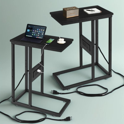 C-Shaped End Table With Charging Station, 2 USB Ports & 2 Outlets, Adjustable Feet For Sofa, Bedside, Or Small Spaces