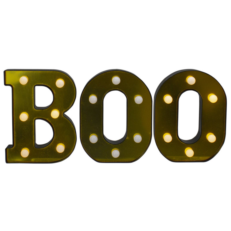 Enseigne lumineuse d'Halloween à DEL «BOO», H 6,5 po x l 4,75 po x P 1 po, Jaune