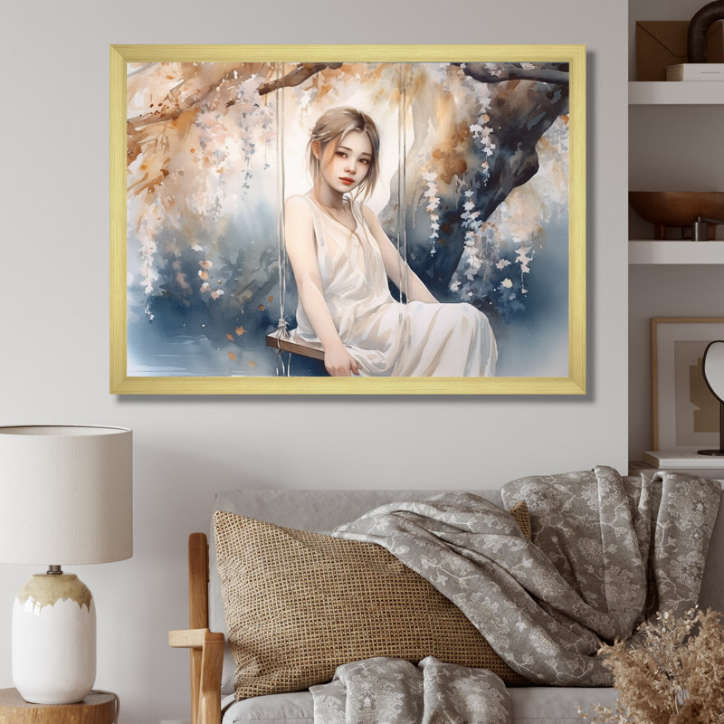 Superbe femme sous un saule II - mode femme, impressions sur toile, H 12 po x l 20 po x P 1 po, Encadrement doré