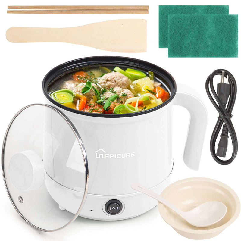 Electric Hot Pot 1.7L Non-stick Ramen Cooker Dual Power Control Multifunctional Lazy Pot, White