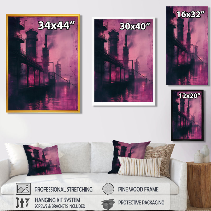 Purple Factory Polution Reflection II - Factories Wall Art, 44" H x 34" W x 1.5" D, Gold Floater Framed Canvas